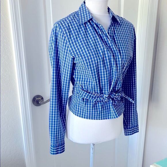 Talbots Blue Checkered True Wrap Cropped blouse Cotton Blend NWOT SZ 6 - Picture 2 of 9